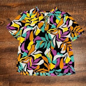 Nine West Top Blouse Womens Large Short Sleeve Round Neck Floral Multicolor